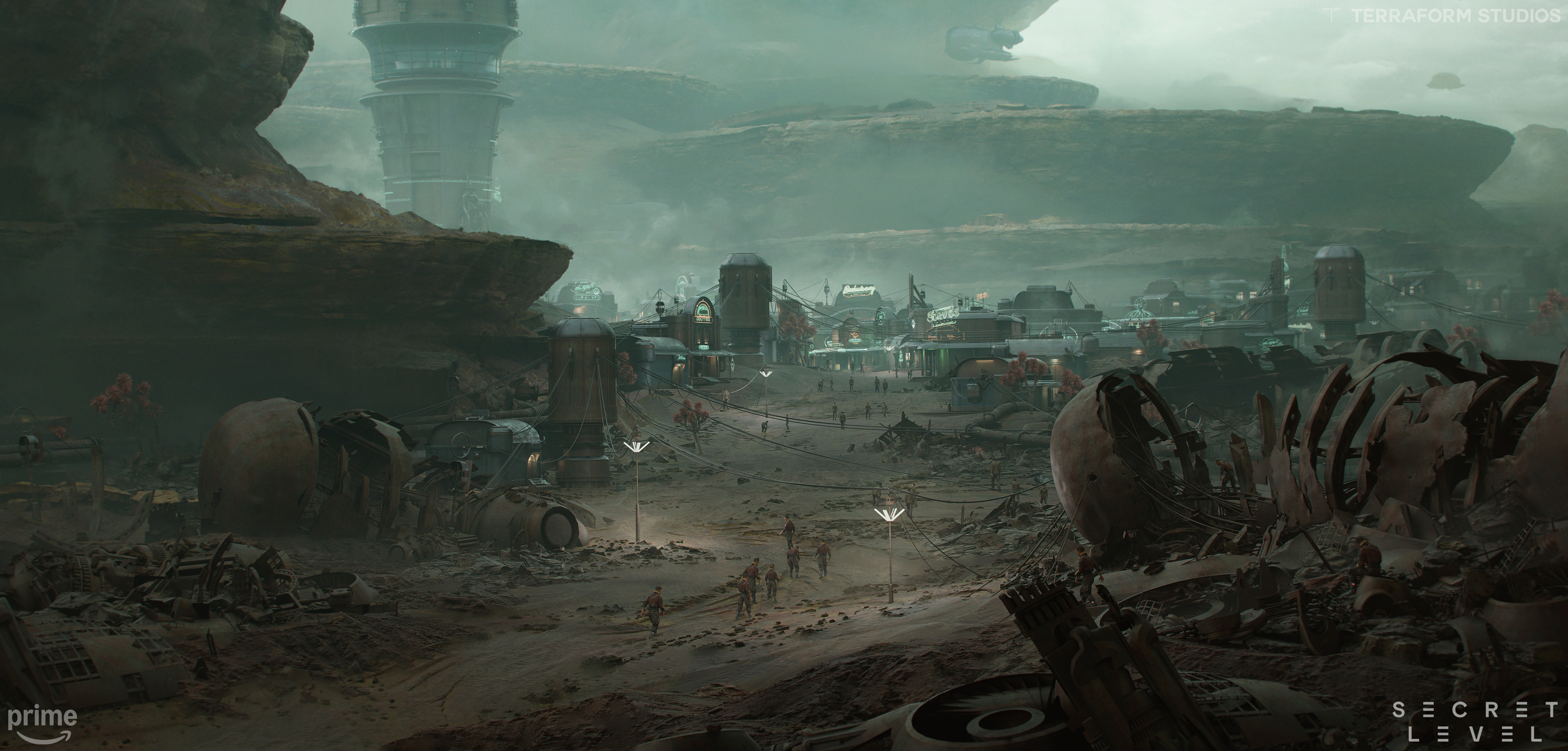 Argos Town concept art by Alex Pi for Secret Level The Outer Worlds